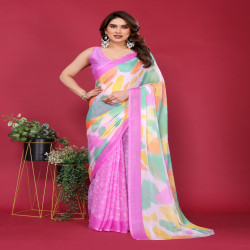 Pastel Bloom Soft Chiffon Printed Saree with Running Blouse